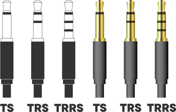 Audio jack connector types vector set showing TS, TRS, and TRRS plugs in gold and silver colors