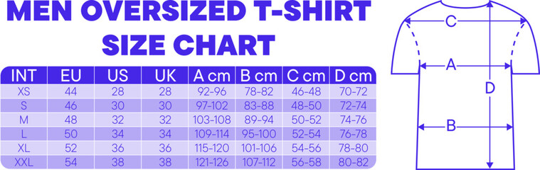 A size chart shows the conversions for men's oversized t shirts
