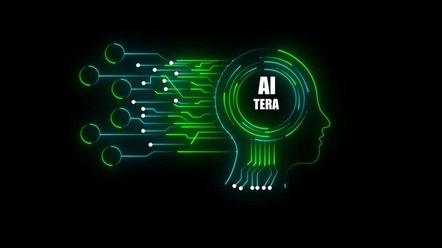 Futuristic Digital Concept Featuring AI TEAR Text Over Glowing Circuit Board Neural Network Pattern Inside Human Head Silhouette Background Design
