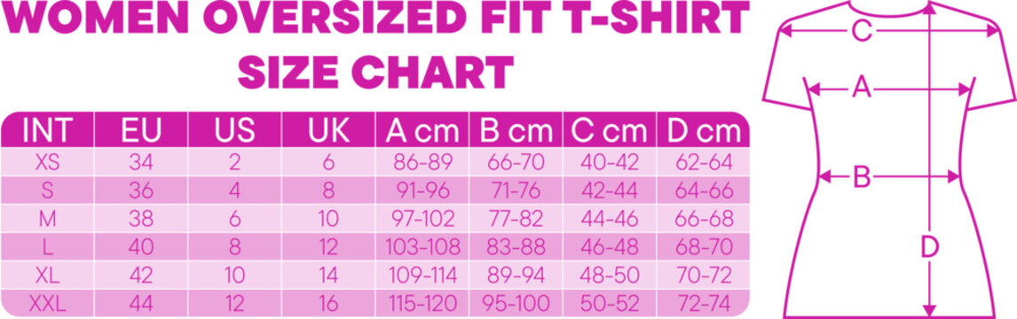 Women's oversized tee size chart with international and EU/UK/US conversions