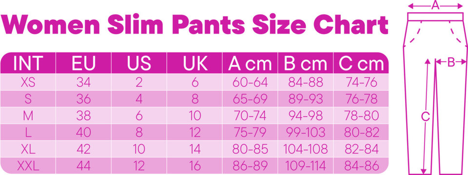 Women's slim pants size chart with conversions for international, EU, UK, and US sizes
