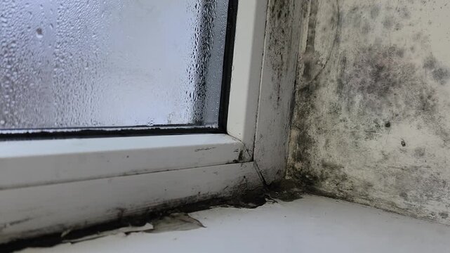 fungal colonization on window, where dampness and persistent moisture lead to development of black mold and mildew. water on glass of window. condensation in apartment.