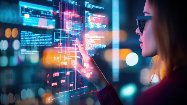 Woman interacting with futuristic digital interface, showcasing technology and innovation in modern setting