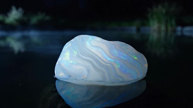 Pearly Opal Gemstone Floating on Dark Water