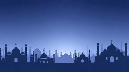 Silhouette of mosques and minarets against a blue gradient sky