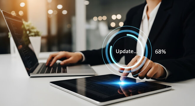 Person updating software on tablet and laptop with progress bar technology update