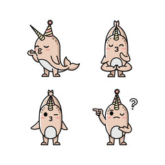 Cartoon narwhals expressing different emotions and confusion with party hats © SHAHIN