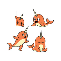 Cute cartoon narwhal character set with different emotions on white background © Ma Stock