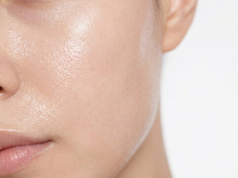 Extreme macro photography of human nose and cheek with enlarged pores and blackheads, oily skin texture with sebaceous filaments, dermatology close-up