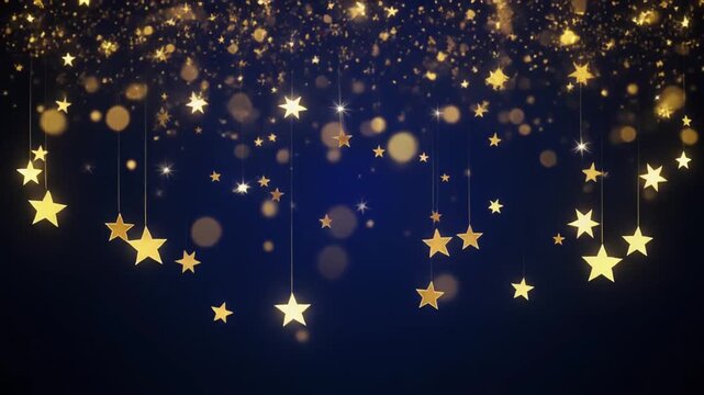 Festive gold stars and bokeh lights hanging from strings on a dark blue background with a white empty space for text, possibly for a holiday greeting card or celebration advertisement
