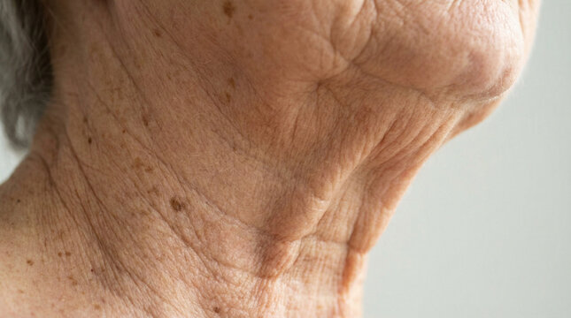 Extreme macro photography of elderly woman's neck skin with deep wrinkles and sun spots, sagging skin texture with age pigmentation, dermatology close-up