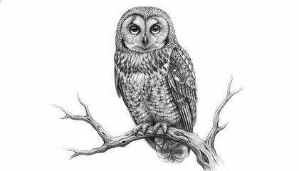 Detailed Pencil Drawing of a Majestic Owl Perched on a Branch