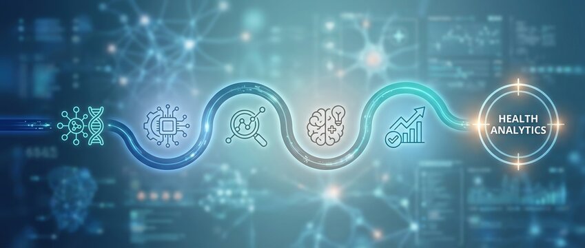 Health Analytics, Medical Data, Digital Health, Healthcare AI, Biotechnology, Bioinformatics, Data Analysis process workflow infographic showing DNA, chip, brain, and growth chart.