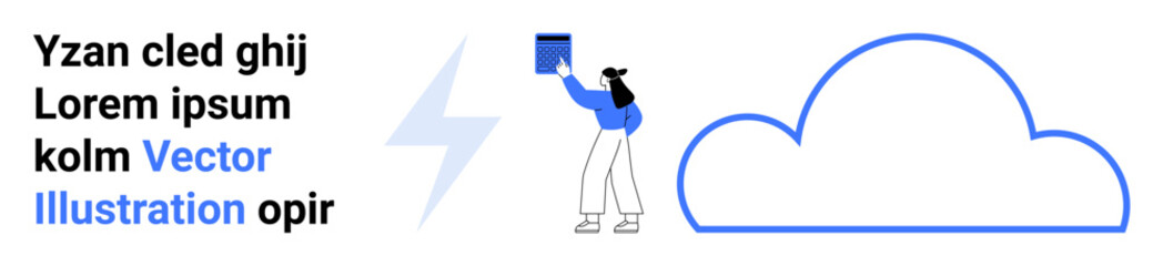 Cloud computing, data storage, file sharing, remote work, digital innovation, technology illustration. Woman places item near cloud icon with lightning bolt. Cloud computing and data storage concept