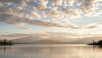 Obraz premium Golden Hour Serenity: Majestic Mountains Reflected in a Tranquil Lake