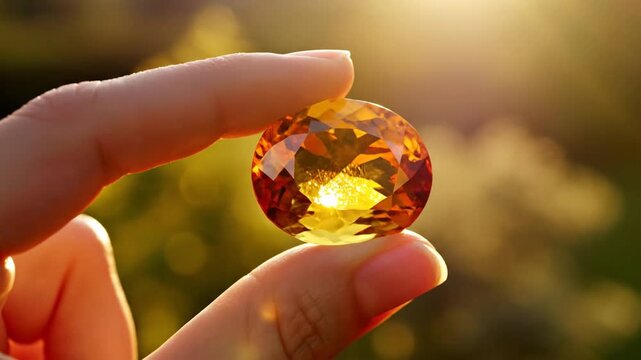 Person holding a radiant citrine gemstone in sunlight