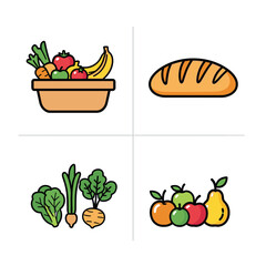 Colorful illustration of fresh produce, including fruits, vegetables, and bread, arranged in a grid.