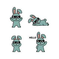 Cartoon bunny character set with sunglasses and greetings in minimalist style © JUNAYED STOCK