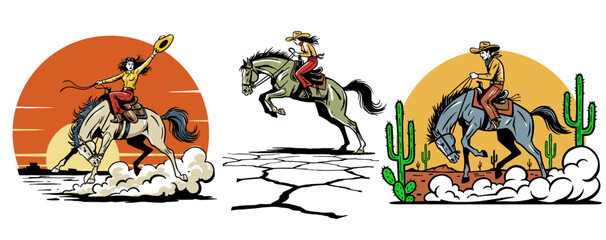 Obraz premium Western rodeo cowboy design. Cowgirl riding horse illustration. Wild west desert scene artwork. Vintage rodeo graphic print. Horse riding adventure po