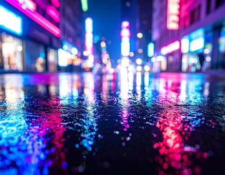 Urbane Nachtreflexionen &ndash; Neonlichter auf nassem Asphalt