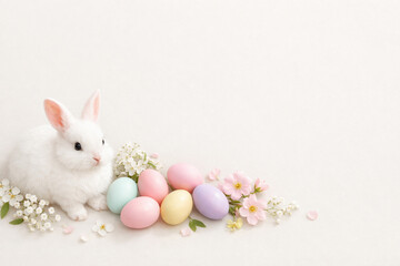 Fototapeta premium A cute fluffy bunny in soft pastel colors. Concept for Easter holidays and spring break.