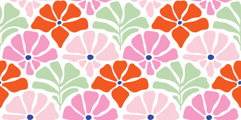Fototapeta premium Spring summer floral seamless pattern vector with poppy flowers in orange and pink and green leaves. Cute repeat design for fabric, wallpaper, wrapping paper, and packaging.