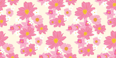 Obraz premium Spring summer cosmos floral seamless pattern vector with pink cosmos flowers on light background. Cute repeat design for fabric, wallpaper, wrapping paper, and packaging.