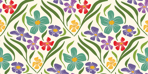 Spring summer iris floral seamless pattern vector with green leaf lattice and multicolor flowers. Elegant repeat design for fabric, wallpaper, wrapping paper, and decor.