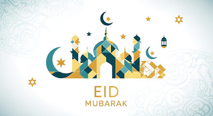 Fototapeta premium Eid Mubarak celebration with mosque and crescent moon