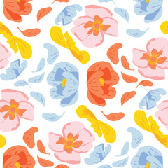 Obraz premium Spring summer watercolor floral seamless pattern vector with soft petals in peach, blue, and yellow. Gentle repeat design for fabric, wallpaper, wrapping paper, and stationery.