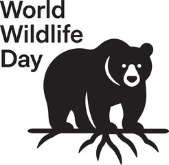 Obraz premium World wildlife day bear silhouette standing on roots graphic depicting forest animal conservation and deep connection with earth ecosystem on transparent background for environmental campaign media