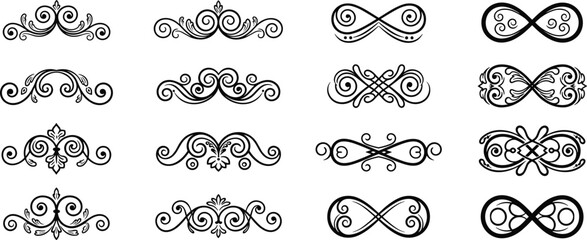 Elegant black vector flourishes and filigree scroll ornaments set on white background for luxury wedding invitations, vintage branding, classic borders, and decorative stationery.
