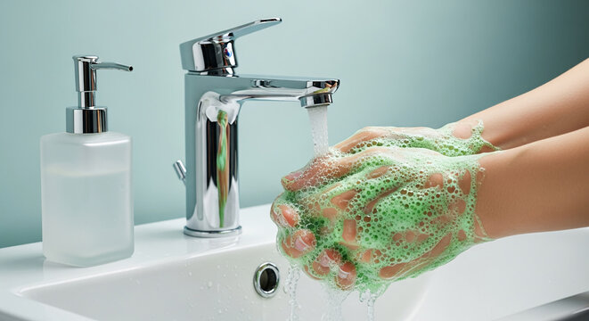 Close-up of hands with green soap under a faucet. Represents hygiene, cleanliness, and healthcare practices for preventing the spread of germs