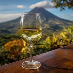 Obraz premium A glass of white wine is on a table with a mountain in the background