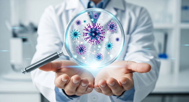 Man in lab coat holds virus under magnifying glass, representing virology research and disease study, relevant for healthcare and science.
