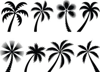 Tropical palm tree silhouette collection various coconut trees vector illustration beach summer island nature black design bundle