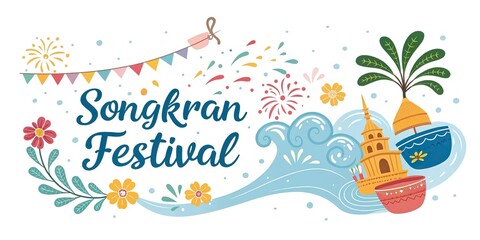 Naklejka premium Songkran festival colorful typography banner with water splashes flowers and Thai celebration mood.