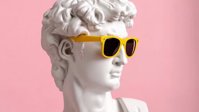 Classical sculpture bust with bright yellow sunglasses against a solid pink background, modern art and design, minimal art concept, antiquity with fashion