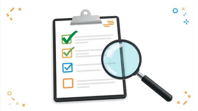 Clipboard with checklist and magnifying glass isolated on white background