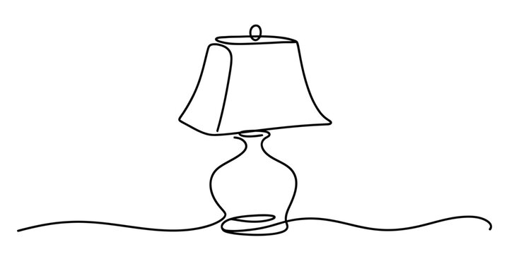 Single line drawing of a classic table lamp with a curved base and a trapezoidal shade.
