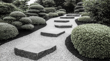 Obraz premium Serene pathway winds through meticulously designed Japanese garden, featuring lush greenery and smooth stones, evoking tranquility and harmony