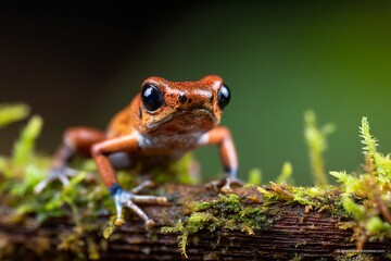Obraz premium Rare Amazonian Poison Dart Frog Perched on a Mossy Branch in Nature