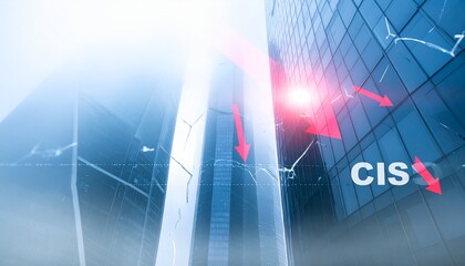 Abstract financial crisis visualization, red arrows plunging through broken digital grid, cracked glass overlay, soft fog, corporate disaster mood, premium stock photo style, empty space for copy