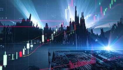 Abstract stock market crash background, chaotic data streams, collapsing graph lines, glitch effect, cyber financial atmosphere, dark tone, volumetric light, modern tech style, no logo, no text