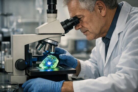 Senior scientist examining a glowing green-blue crystal specimen under a high-power microscope in a modern laboratory for optical analysis and fluorescent gem inspection