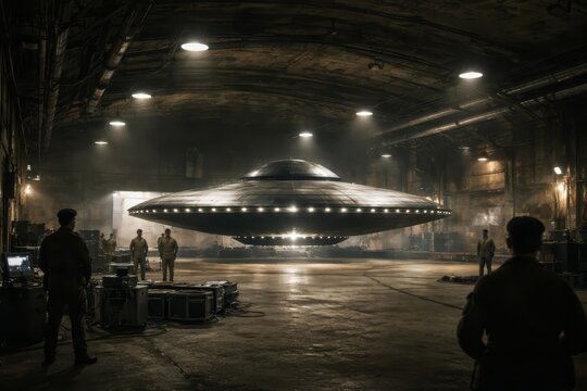 Disc-shaped extraterrestrial spacecraft hovering inside a dimly lit industrial hangar, surrounded by military personnel, equipment crates, and overhead lights casting shadows