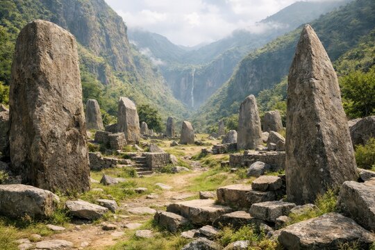 Ancient standing stones and weathered megaliths forming a ruined stone circle in a lush mountain valley with a distant cascading waterfall, misty cliffs and overgrown paths