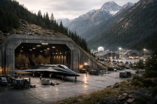 Stealth fighter jet parked in a reinforced concrete mountain hangar at an alpine airbase with maintenance crews, support vehicles, radar domes, and rugged snowy peaks
