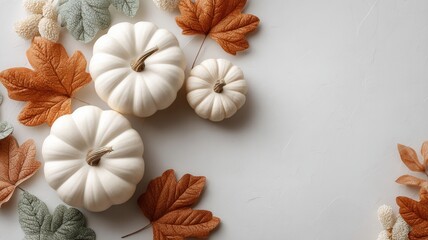 White pumpkins with fall leaves on a clean background creating a minimalist autumn and thanksgiving concept decor
