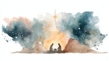 Obraz premium Nativity scene in watercolor depicting holy family with baby jesus under guiding star, symbolizing christmas spiritual birth